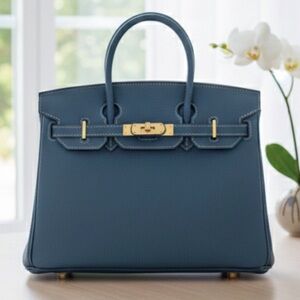 30CM Classic Togo Leather Top Handle Satchel Bag - Peacock Blue